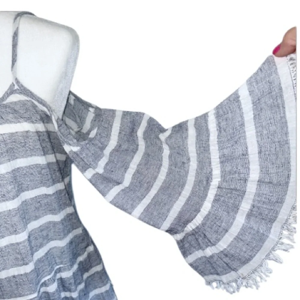 En Créme Cotton Blue Gauze Stripe Bell Sleeve Top Medium - Picture 11 of 12